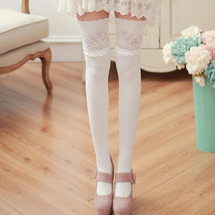 リブ×レース切り替えニーハイソックス コットン素材 セクシー | SLENDER | 詳細画像2 