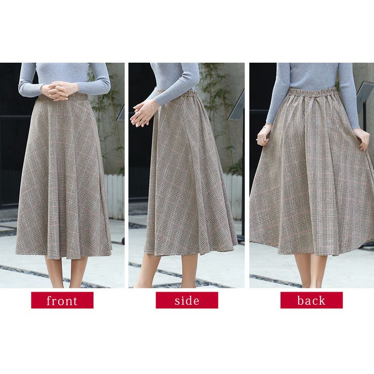 ミモレ丈チェックフレアスカート 膝丈 グレンチェック[品番