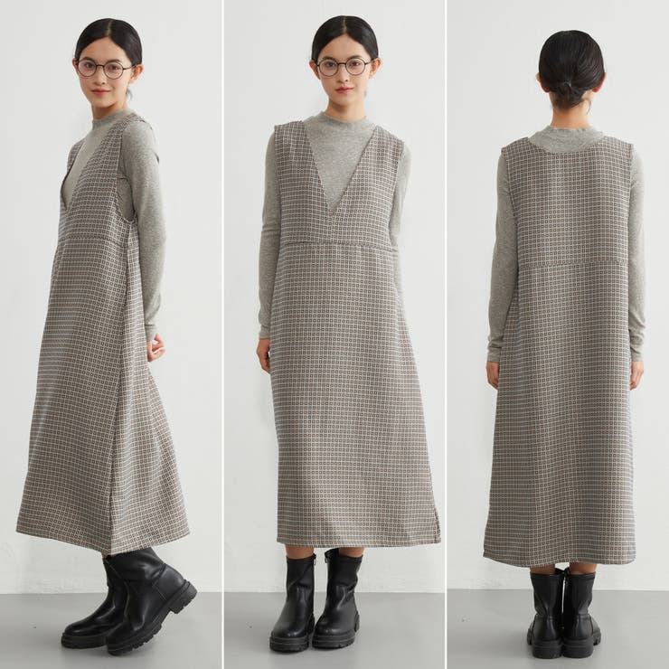 ジャンスカジャカード織りVネックジャンパースカートワンピース | On One's Own | 詳細画像1 