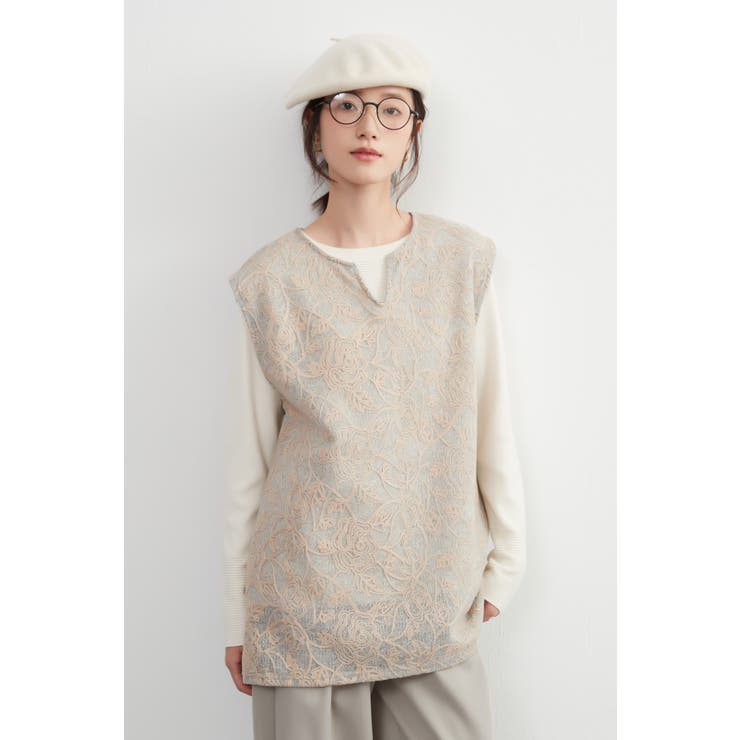 刺繍ベストチェーンステッチ チュニックニットベスト秋冬キーネックベスト | On One's Own | 詳細画像15 