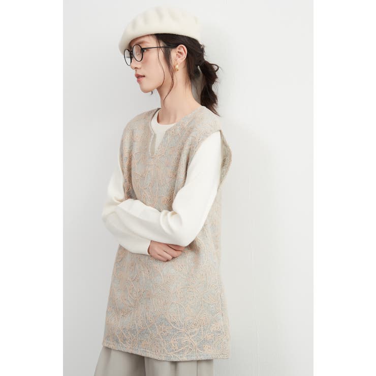刺繍ベストチェーンステッチ チュニックニットベスト秋冬キーネックベスト | On One's Own | 詳細画像14 