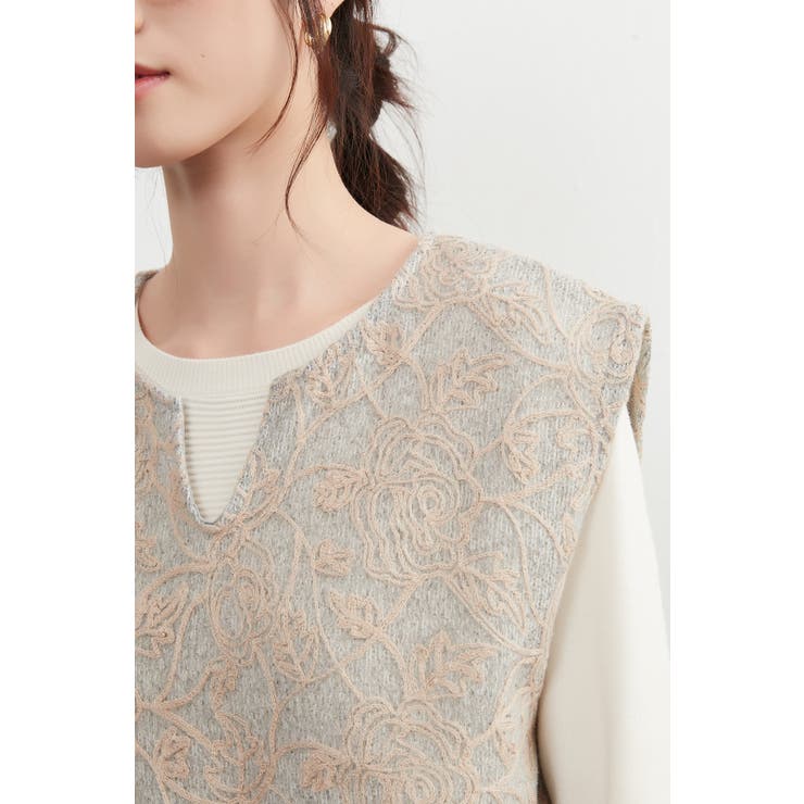 刺繍ベストチェーンステッチ チュニックニットベスト秋冬キーネックベスト | On One's Own | 詳細画像12 