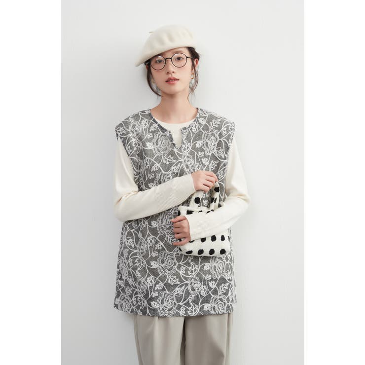 刺繍ベストチェーンステッチ チュニックニットベスト秋冬キーネックベスト | On One's Own | 詳細画像8 