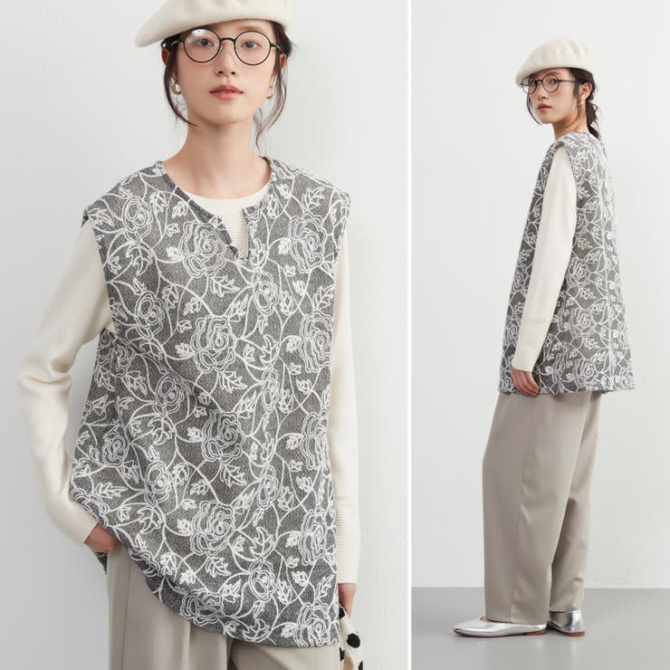 刺繍ベストチェーンステッチ チュニックニットベスト秋冬キーネックベスト | On One's Own | 詳細画像4 