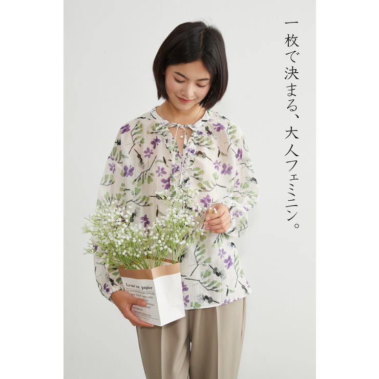 麻混花柄フリルVネックブラウスリボン付きブラウス 長袖トップス | On One's Own | 詳細画像12 