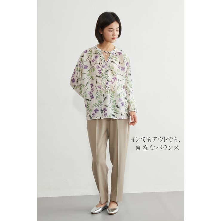 麻混花柄フリルVネックブラウスリボン付きブラウス 長袖トップス | On One's Own | 詳細画像13 