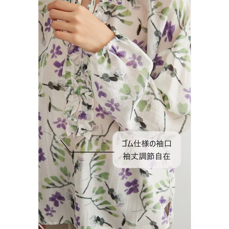 麻混花柄フリルVネックブラウスリボン付きブラウス 長袖トップス | On One's Own | 詳細画像5 