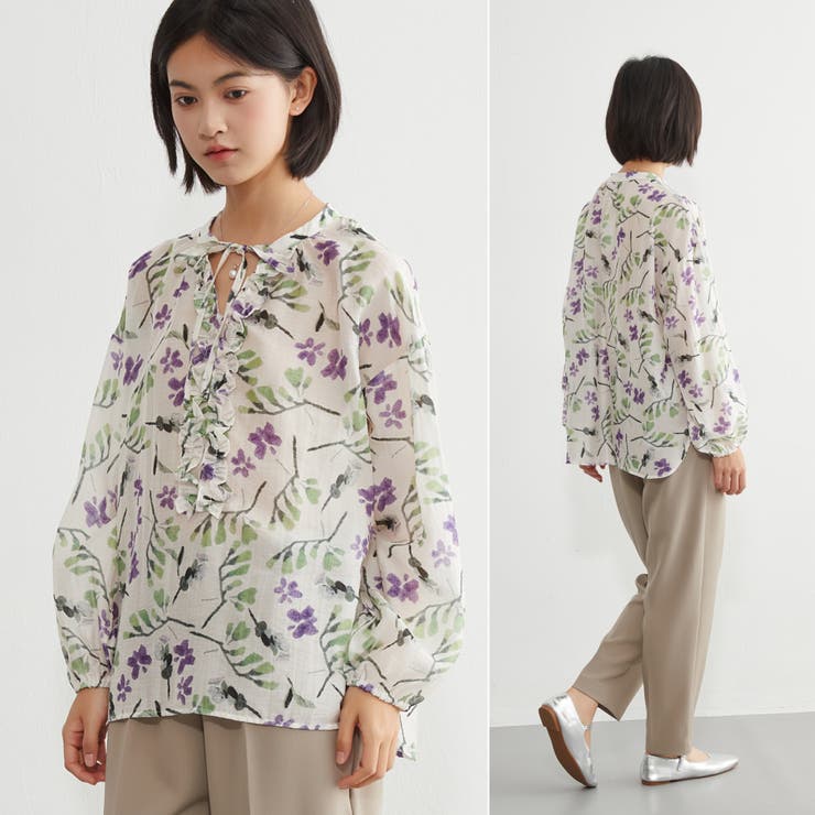 麻混花柄フリルVネックブラウスリボン付きブラウス 長袖トップス | On One's Own | 詳細画像2 