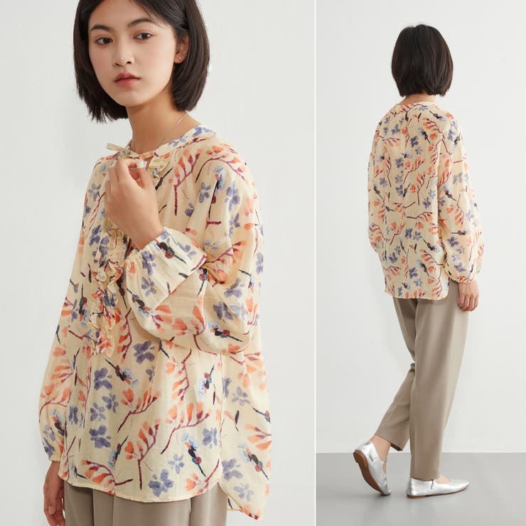 麻混花柄フリルVネックブラウスリボン付きブラウス 長袖トップス | On One's Own | 詳細画像3 