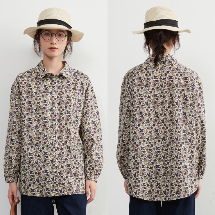 綿100％長袖ブラウスシャツスタンダードカラー花柄シャツコットンプリント | On One's Own | 詳細画像1 