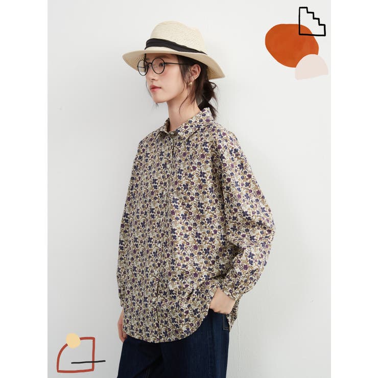 綿100％長袖ブラウスシャツスタンダードカラー花柄シャツコットンプリント | On One's Own | 詳細画像7 