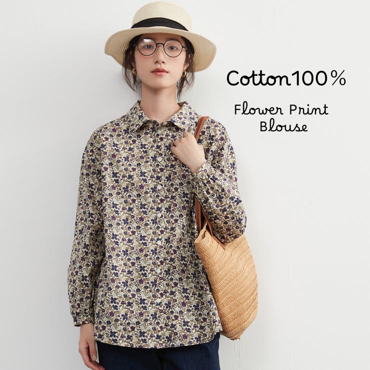 PRINT | 綿100％長袖ブラウスシャツスタンダードカラー花柄シャツコットンプリント | On One's Own