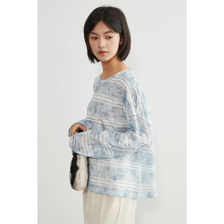 麻混ラッセル素材太ボーダー長袖プルオーバーシアートップス | On One's Own | 詳細画像2 