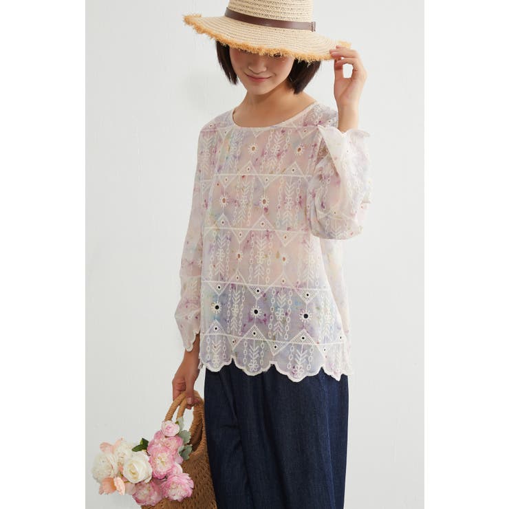 むら染めスカラップ刺繍長袖ラウンドネックシアーブラウス | On One's Own | 詳細画像10 