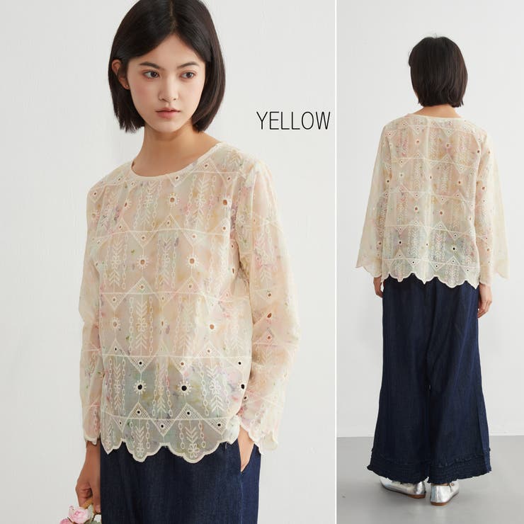 YELLOW | むら染めスカラップ刺繍長袖ラウンドネックシアーブラウス | On One's Own