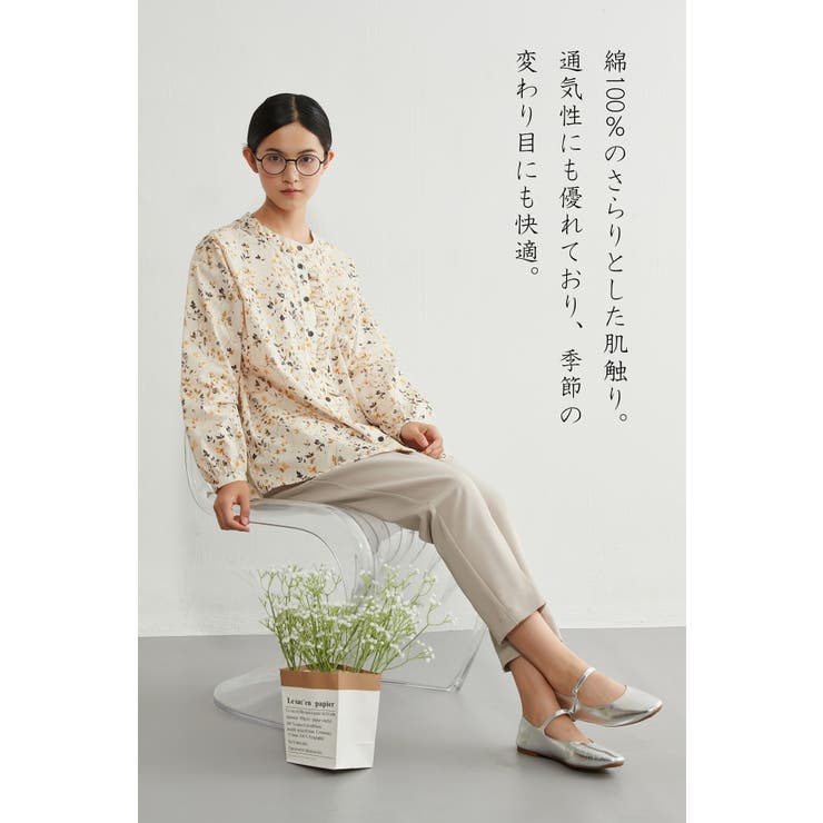 レディースフリルプリントブラウス綿100長袖シャツバンドカラー | On One's Own | 詳細画像9 