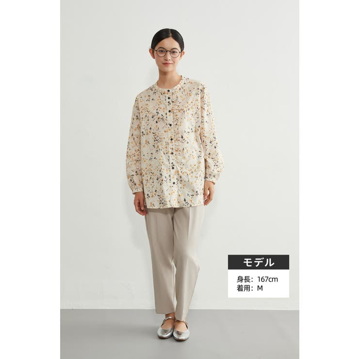 レディースフリルプリントブラウス綿100長袖シャツバンドカラー | On One's Own | 詳細画像5 