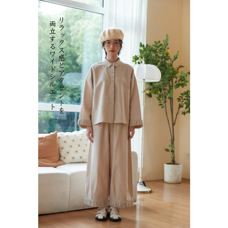 BEIGE | 裾ギャザー麻綿ワイドパンツボトムスウエストゴムリラックスセットアップ対応 | On One's Own