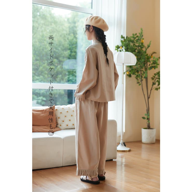 裾ギャザー麻綿ワイドパンツボトムスウエストゴムリラックスセットアップ対応 | On One's Own | 詳細画像6 