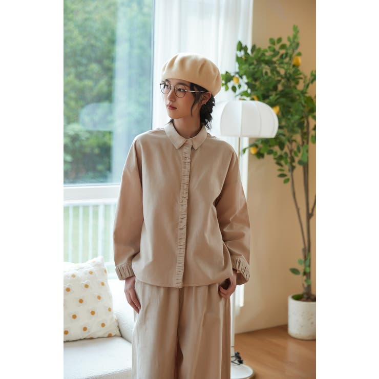 BEIGE | ギャザーカフスプラケットリネン麻綿長袖シャツブラウスセットアップ対応 | On One's Own