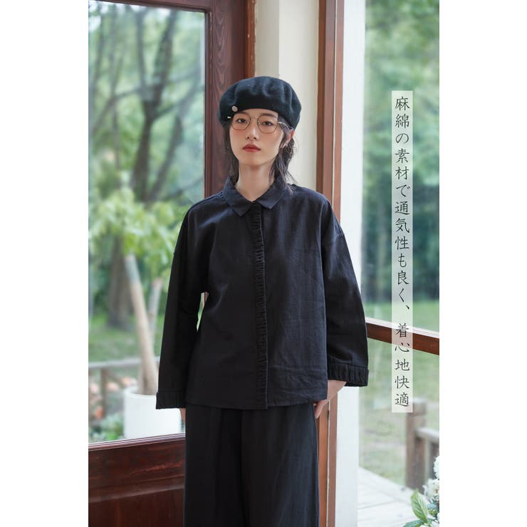 BLACK | ギャザーカフスプラケットリネン麻綿長袖シャツブラウスセットアップ対応 | On One's Own