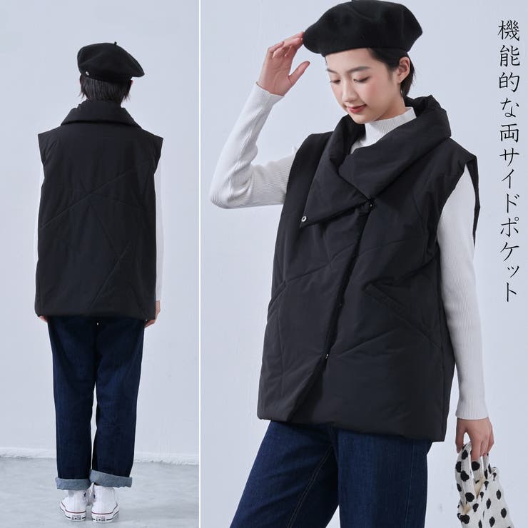 BLACK | 中綿キルティングベストアシンメトリービッグカラー ベスト秋冬 | On One's Own