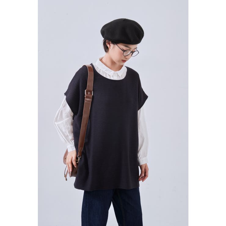 NAVY | ニット風カットソーチュニックベスト冬用ニットベストレイヤードフレンチスリーブ | On One's Own