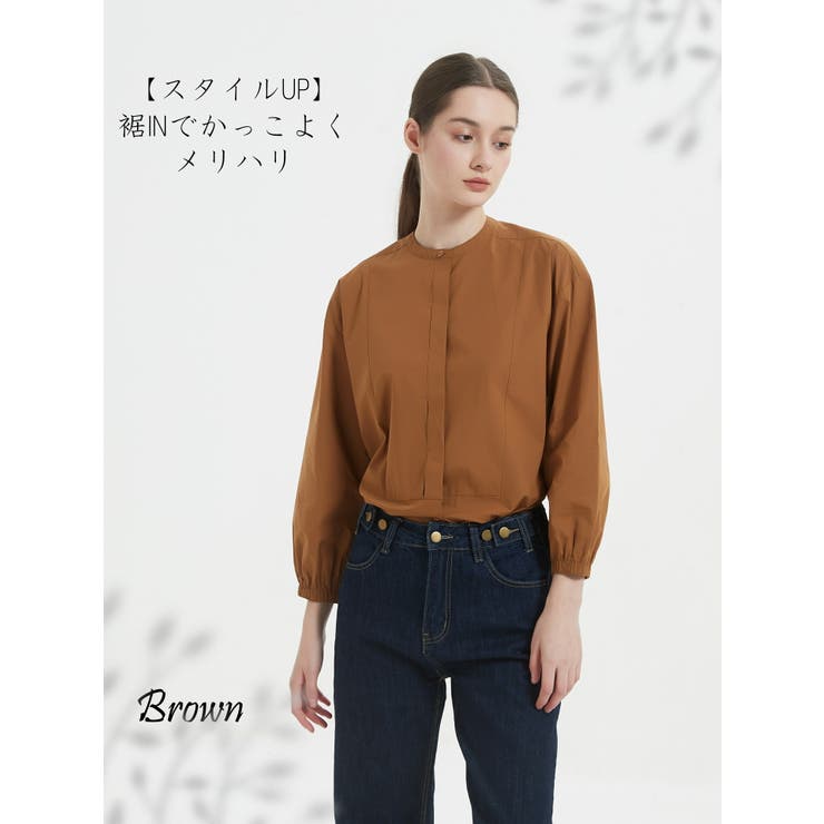 BROWN | 綿100％長袖シャツブラウスレディースフライプラケットクルーネック | On One's Own