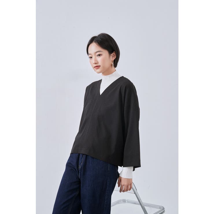 Vネックセンターシーム長袖ミニマムシンプルプルオーバートップス | On One's Own | 詳細画像4 
