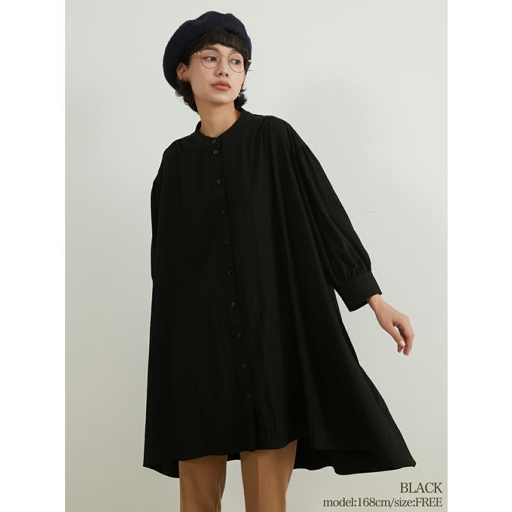 BLACK | 七分袖ロング丈ギャザー ブラウスゆったり体型カバーチュニックシャツAライン | On One's Own