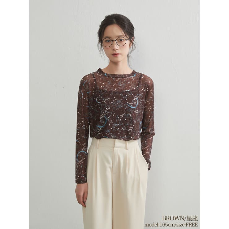 BROWN星座 | 長袖シアーパワーネットプリントTシャツトップスインナーカットソー | On One's Own
