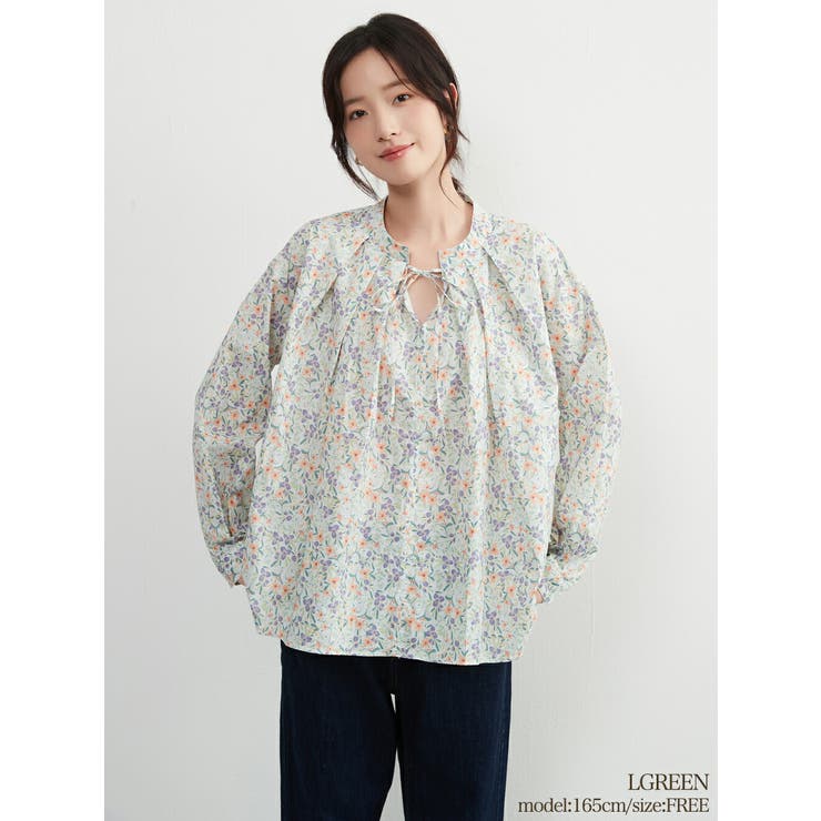 LGREEN | 花柄プリン綿100％長袖ブラウスシャツナチュラル系タックデザインリボン襟 | On One's Own