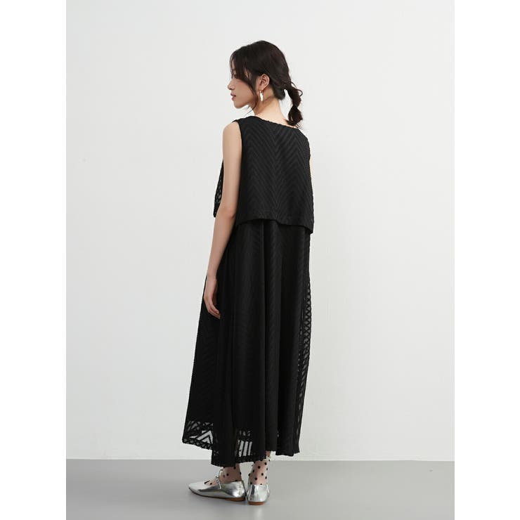 ジャガードシフォンレイヤード風フレアワンピースドレスノースリーブ裏地付き | On One's Own | 詳細画像9 