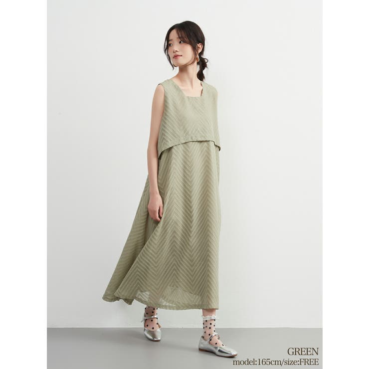GREEN | ジャガードシフォンレイヤード風フレアワンピースドレスノースリーブ裏地付き | On One's Own