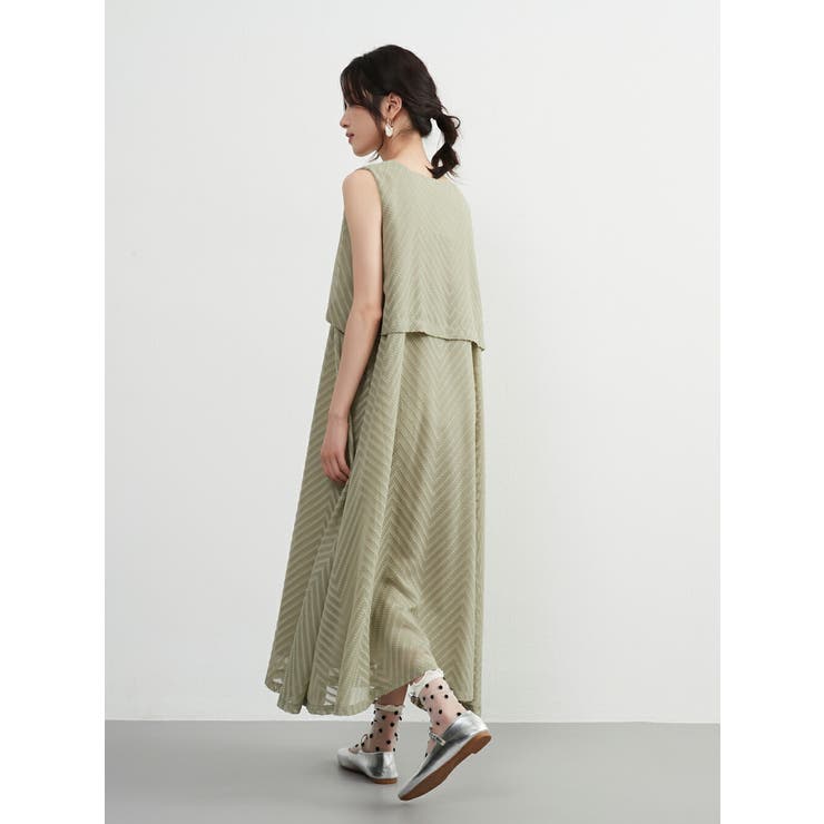 ジャガードシフォンレイヤード風フレアワンピースドレスノースリーブ裏地付き | On One's Own | 詳細画像10 