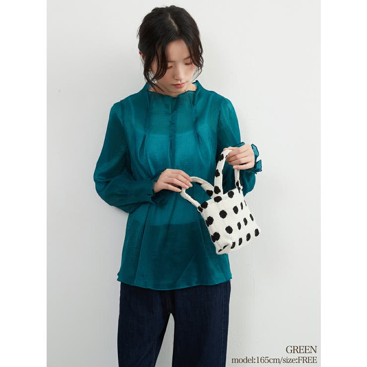 GREEN | 超軽シアーブラウス長袖トップスタックデザインエレガントきれいめ | On One's Own