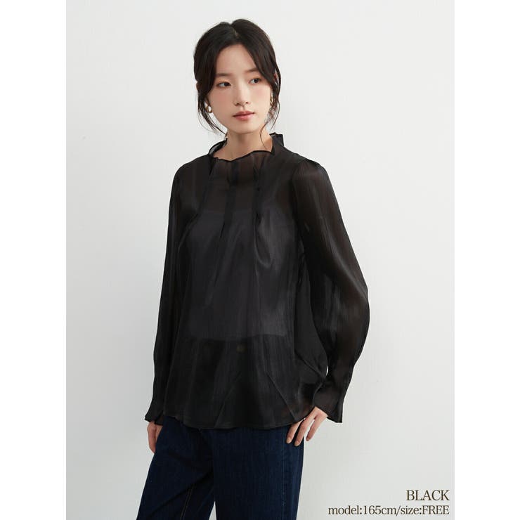 BLACK | 超軽シアーブラウス長袖トップスタックデザインエレガントきれいめ | On One's Own