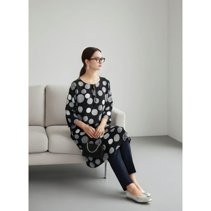 レーヨンドット柄チュニック5分袖ルーズフィットトップスブラウス | On One's Own | 詳細画像9 