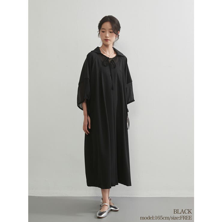 BLACK | 半袖ロングワンピースシフォン切替フレアタックロング丈 Aライン | On One's Own