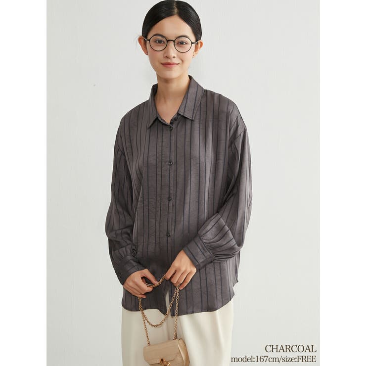 CHARCOAL | 艶感ジャカード織り長袖シャツ ブラウスきれいめオフィスコーデ | On One's Own