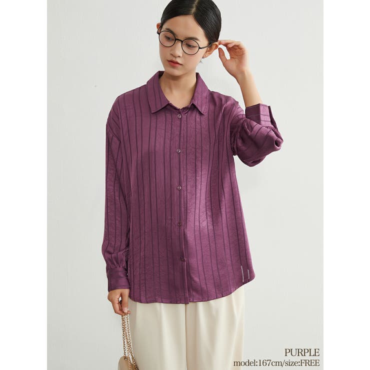 PURPLE | 艶感ジャカード織り長袖シャツ ブラウスきれいめオフィスコーデ | On One's Own