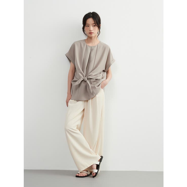 ノット結び半袖トップス前タックシンプルブラウスレディースラウンドネック | On One's Own | 詳細画像11 
