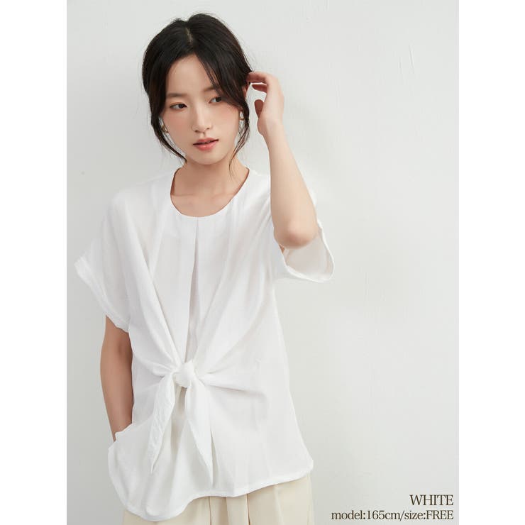 WHITE | ノット結び半袖トップス前タックシンプルブラウスレディースラウンドネック | On One's Own