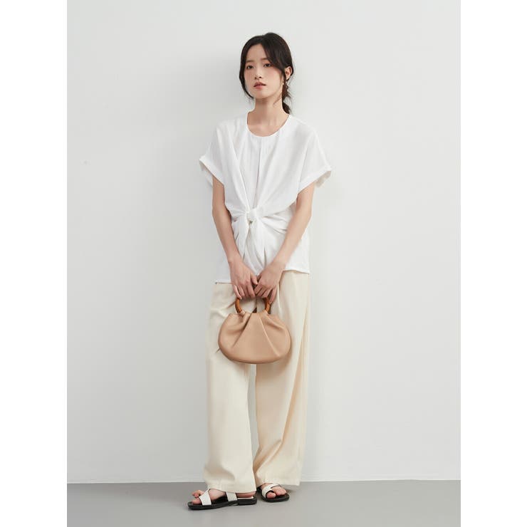 ノット結び半袖トップス前タックシンプルブラウスレディースラウンドネック | On One's Own | 詳細画像12 