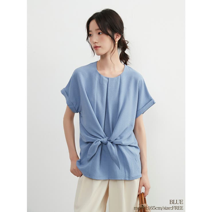 BLUE | ノット結び半袖トップス前タックシンプルブラウスレディースラウンドネック | On One's Own