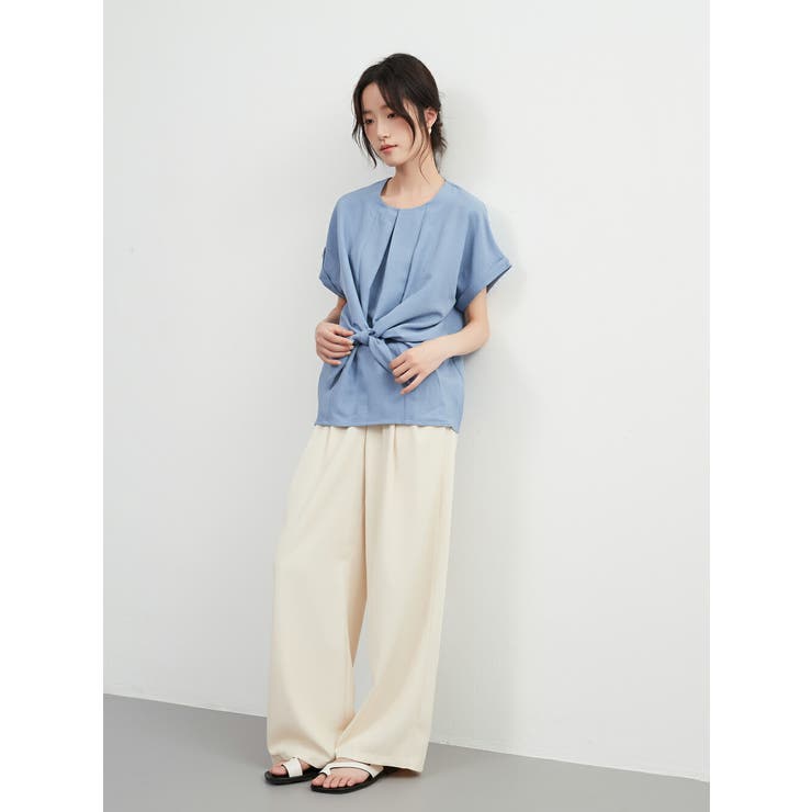 ノット結び半袖トップス前タックシンプルブラウスレディースラウンドネック | On One's Own | 詳細画像10 