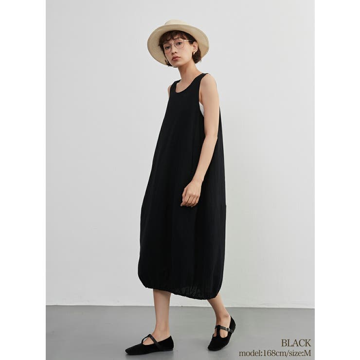 BLACK | ノースリーブバルーンワンピース綿100ジャンスカワンピ体型カバー | On One's Own