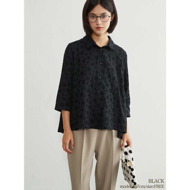 BLACK | ドット柄ダブルガーゼ7分袖コットンシャツブラウスルーズフィット綿100％ | On One's Own