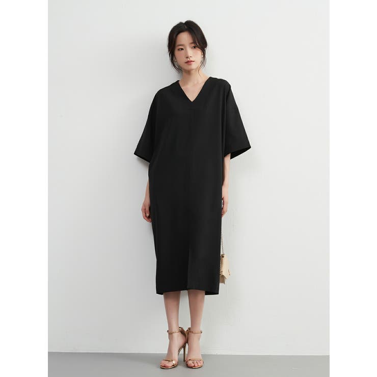 シンプルエレガントVネック半袖ワンピースワイドスリーブミニマム裾スリット | On One's Own | 詳細画像12 