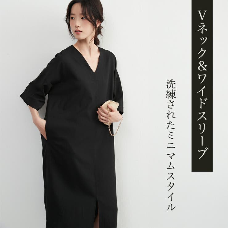 シンプルエレガントVネック半袖ワンピースワイドスリーブミニマム裾スリット | On One's Own | 詳細画像2 